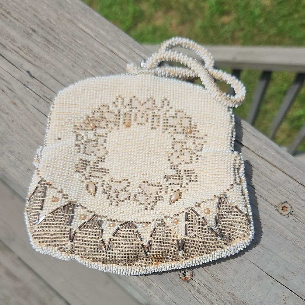 Vintage Beaded Evening Purse Coin Bag Cream Floral Pattern Art Deco Style